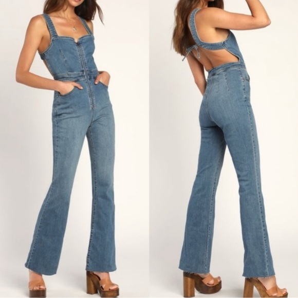 Free People Crvy 2nd Ave Denim Jumpsuit Flare One Piece Open - Picture 2 of 3